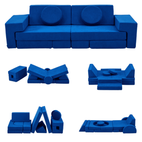 14-Piece Modular Kids Sofa All-Sponge Construction Blue Corduroy Free Combination Design