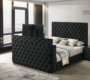 1pc Luxurious King Size Bed Deeply Tufted Headboard Nail Head Trim Upholstered Black Velvet Footboard Integrated Television Lift Mechanism Storag 1pc Luxurious King Size Bed Deeply Tufted Headboard Nail Head Trim Upholstered Black Velvet Footboard Integrated Television Lift Mechanism Storag