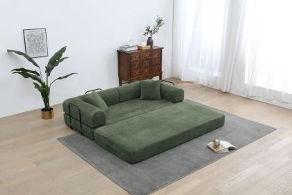 Convertible Sleeper Sofa Bed with Cylindrical Pillow, Corduroy Folding Mattress Couch with Fixed-Shape Frame (Color: Army green)