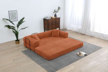 Convertible Sleeper Sofa Bed with Cylindrical Pillow, Corduroy Folding Mattress Couch with Fixed-Shape Frame (Color: Orange)